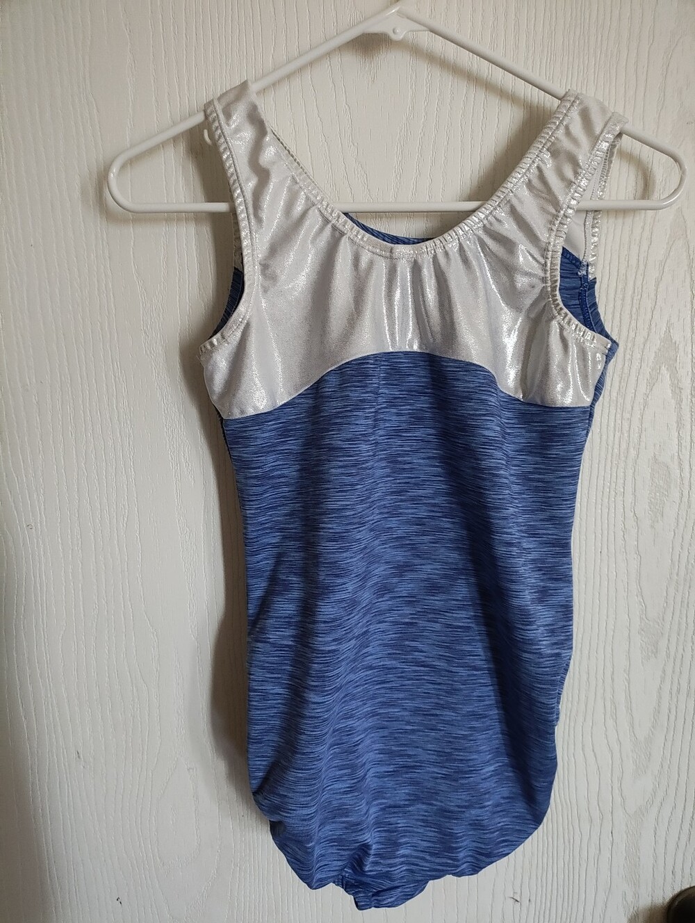 Blue Heathered Gymnastics Leotard with Shimmery Silver Yoke